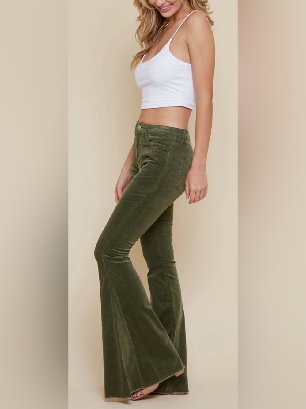 Bell bottom corduroy pants. Raw hem. Flare. Bohemian. Olive green. M. NWT
